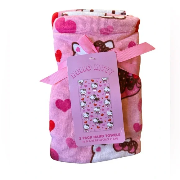 Hello Kitty Sanrio Set of 2 Plush Pink Hand Towels for Valentine’s Day NWT