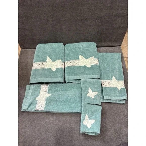 Vintage‎ Butterfly Set 2 Wash Cloth 2 Hand 2 Bath Lot Teal Blue Good Condition
