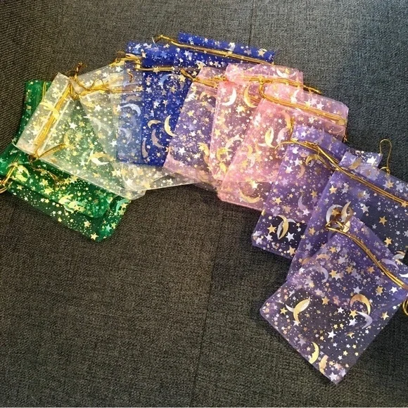 12 Count - Moon + Star Small Jewelry Organza Drawstring Bags, ~4 x 5 inches