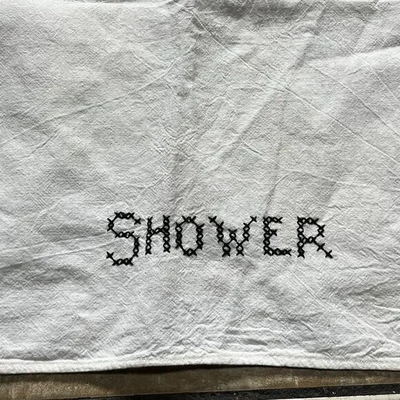 Vintage Embroidered SHOWER Hand Towel White Cotton Black Stitch Bathroom Decor