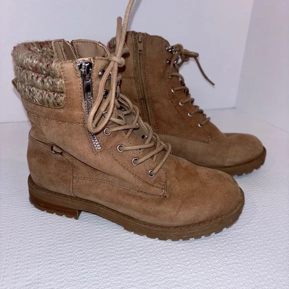 Sugar Tan Faux Suede Knit‎ Cuff Up Zipper Ankle Combat Boots Kids 2
