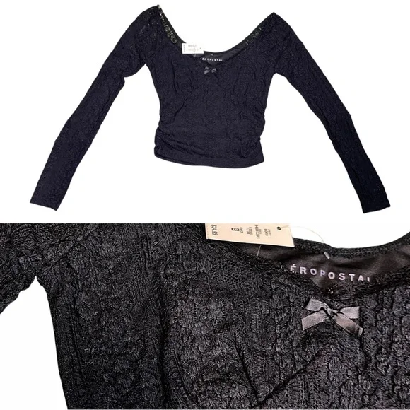 NWT Aeropostale Long Sleeve Ruched Stretch Lace Top Cropped Tight Babydoll