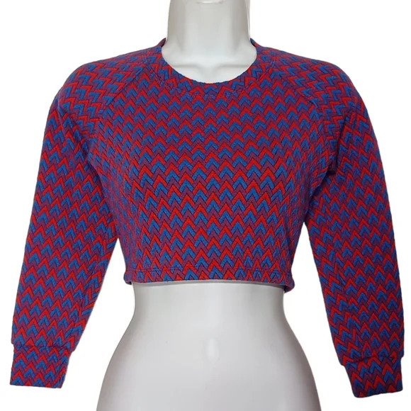 AMERICAN APPAREL Red Blue Purple Chevron Stripe Print Long Sleeve Crop Top XS