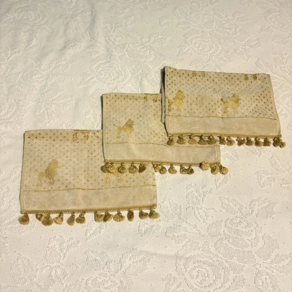Poodle‎ Hand Towels Gold Cream All Over Print Fancy VTG 3 Fringed
