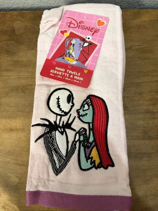 Disney Pink Hand Towel 2 pack with Jack Skellington & Sally Embroidery