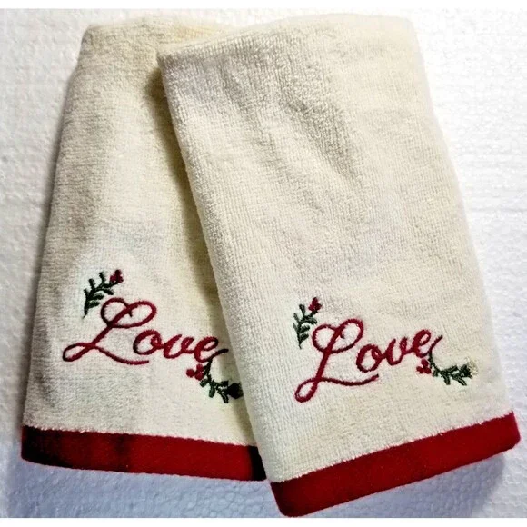 Love Embroidered Hand Towels Set of 2 Beige & Red Floral Accents Better Homes