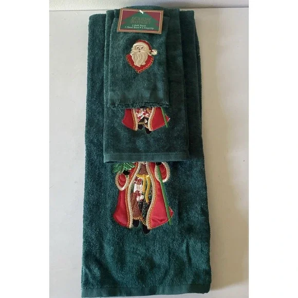 Set of 3 VTG Holiday Bathroom Towels Set Santa Claus Green Bath Hand Towel