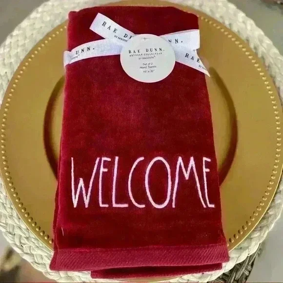 NEW SET of 2 - Rae Dunn - WELCOME - Beautiful Embroidered Burgundy Hand …