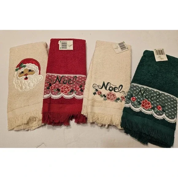 VTG Cannon Red Green Ivory Lace Fingertip 4Towels Santa Noel‎ Fringe NOS Holiday