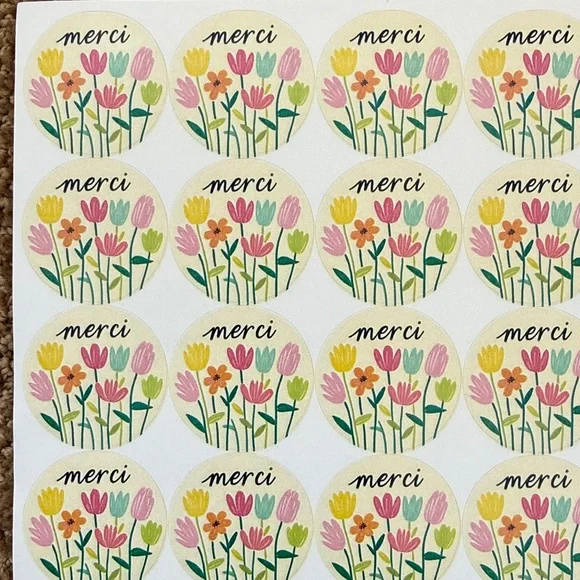NEW {40 piece} Beautiful merci floral thank you stickers. 2”