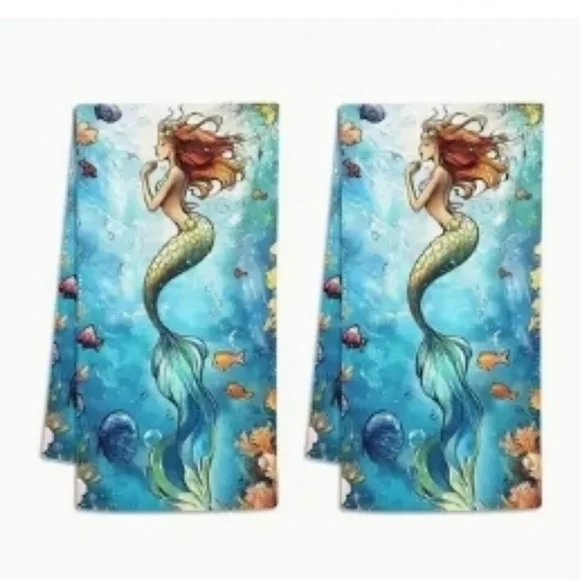 Set Of 2 Mermaid Print Hand Towels