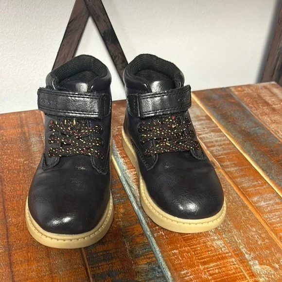 Boys Toddler Black Leather Boots with Multicolor Laces
