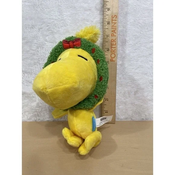 BARK Plush Dog Toy Yellow Bird w/ Christmas Wreath & Red Bow Holiday Squeaky