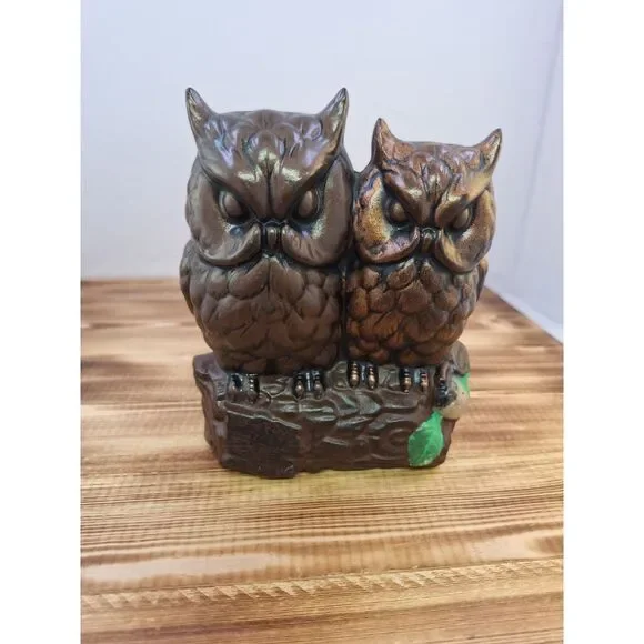 VTG‎ Chalkware Painted Owls on Log Mid Century Japan Woodland Decor Lover Solid