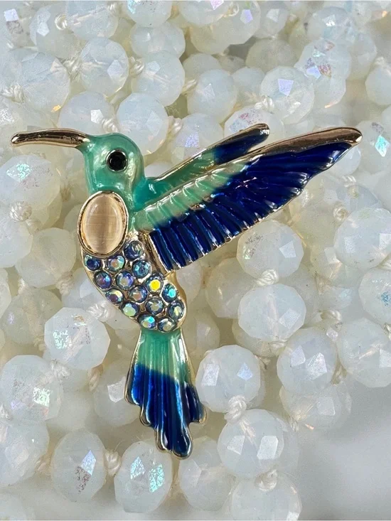 Enamel Hummingbird Brooch Pin in Teal and Blue
