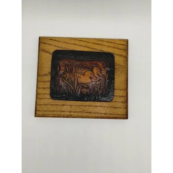 Wisconsin Woods Leather Ducks Mounted On Wood Plaque Signed 7