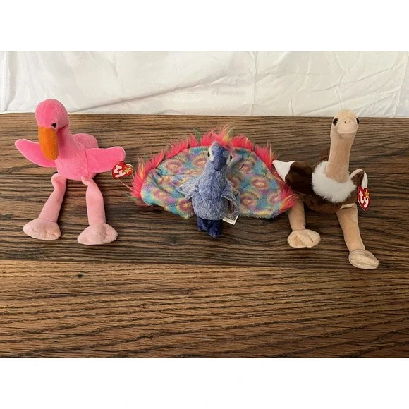 TY BEANIE BABIES Lot of 3 – Pink Flamingo, Peacock, Brown Stork‎ Plush Animals