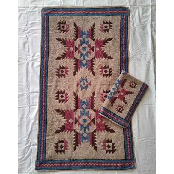 Vintage Fieldcrest‎ Southwest Aztec Bath Towel & Hand Towel Diamond 100% Cotton
