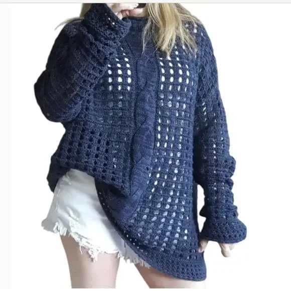 Free People Navy Blue Open Knit Cableknit Sweater Size Medium