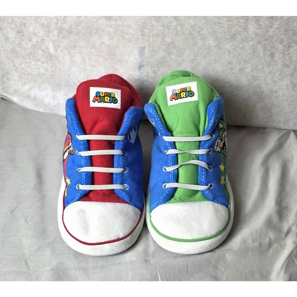 Super Mario Bros Plush Sneaker Slippers Boys Size 4-5 Mario & Luigi HighTop 2023