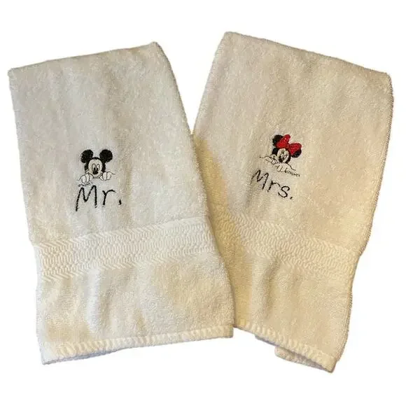 Embroidered Mickey Minnie Mr Mrs Hand Towel Set White Disney Wedding Anniversary