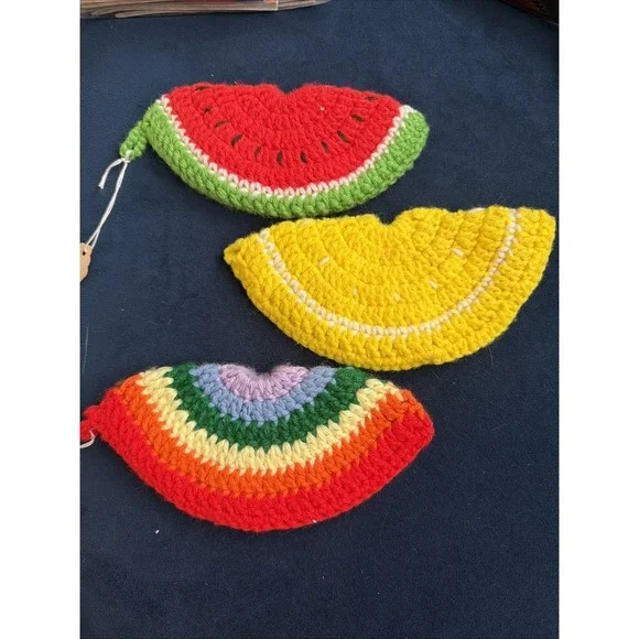 Vtg Lot Of 3 Handmade Crocheted Watermelon, Lemon, Rainbow Potholders 7