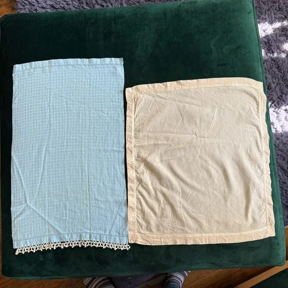 Vintage Linen Tea Towel & Blush Peach Placemat Set Lace Trim Cottage 2 pc bundle