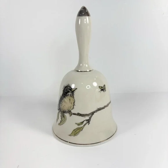 Porcelain Enesco Bell by Mary Mugg 1977 Baby Bird With Butterfly 5 3/4