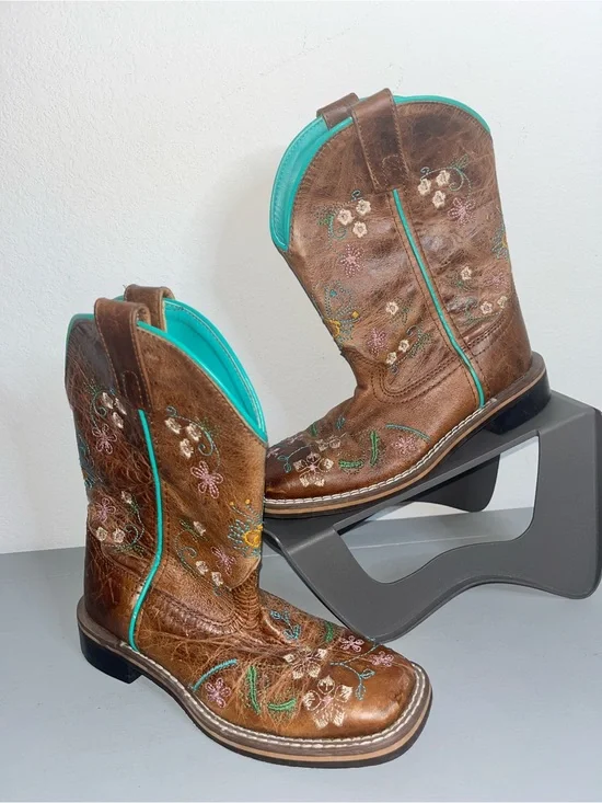 Smoky Mountain Kid Antique Floral Embroidery Leather SquareToe Cowboy Boots 13.5