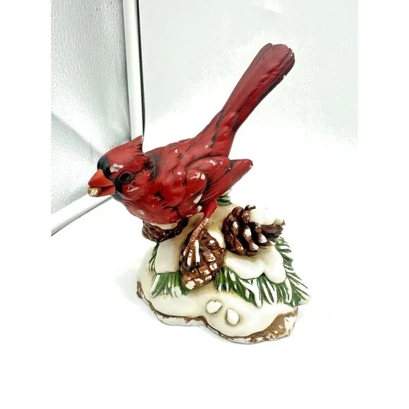Classic Treasures Porcelain Red Cardinal Bird Figurine Winter Snow Pine Cone 5
