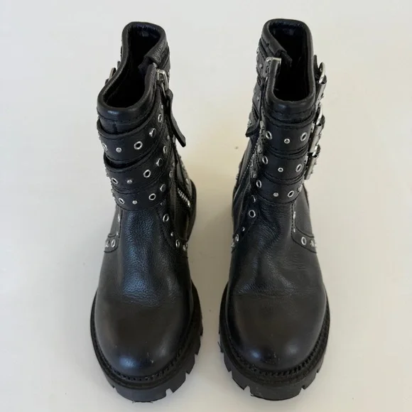 Zara Girls Studded Moto Combat Boots Black Silver Buckle Boots 10.5