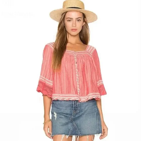 Free People See Saw Red Striped Raw Hem Top Sz Small