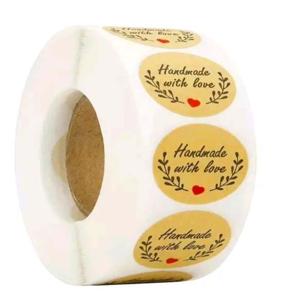 🆕✅500pcs/roll Handmade With Love Stickers ❤️- Light Brown Kraft Labels