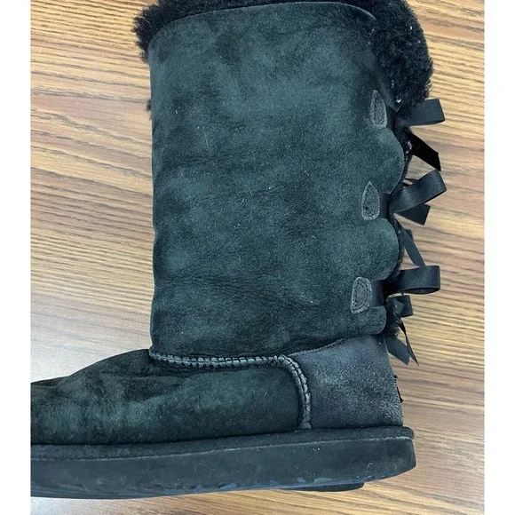 UGG Boots Youth 6 Bailey Bow Shearling Black Mid-Calf Casual Comfort Flats