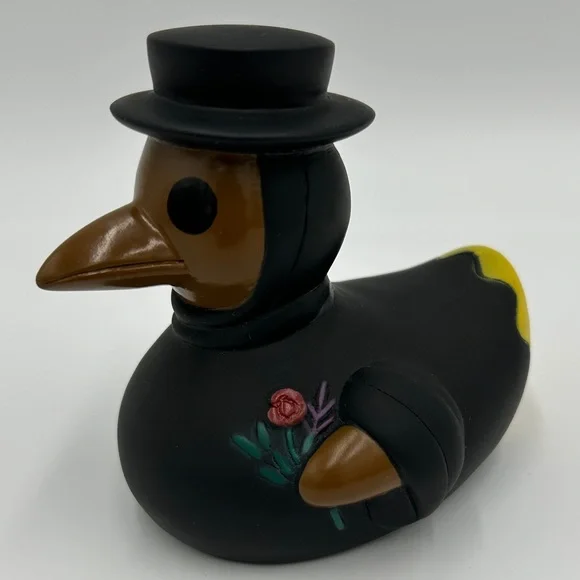 Plague doctor rubber ducky black yellow ducktor squishy flowers 4 inch