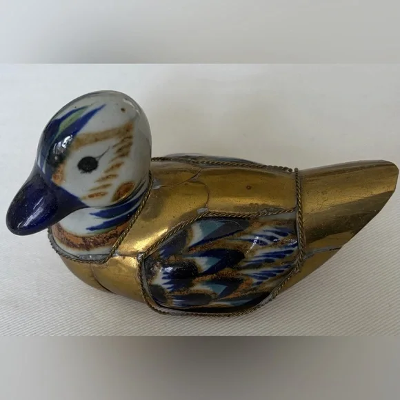 Blue & Gold Decorative Duck Figurine - Brass and Enamel