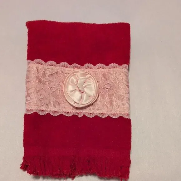 Vintage Cannon Red Cotton Hand Towel with Pink Lace Trim And Satin Rossette