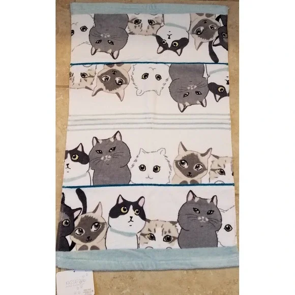 Kassafina Hand Towel 16x26 Cats Faces Lt Blue‎ NEW