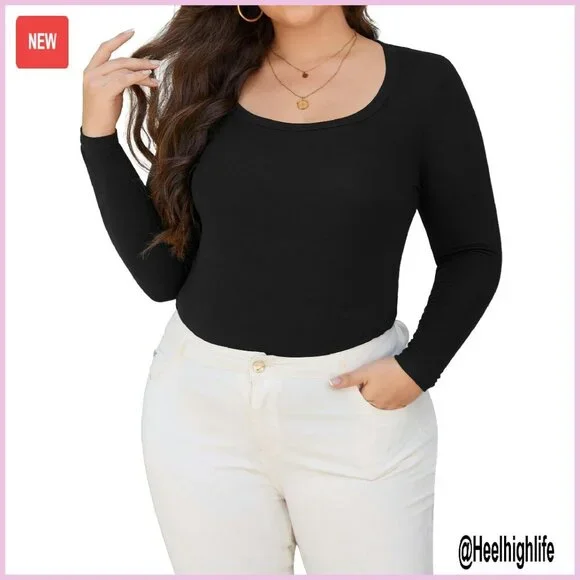 Plus Size Long Sleeve Scoop Neck T-Shirt Slim Fit Stretchy Rayon Spandex