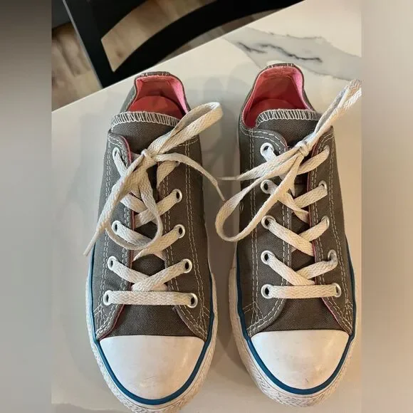 Converse All Star Girl's Gray Pink‎ Low Top Double Tongue Sneakers Sz 3
