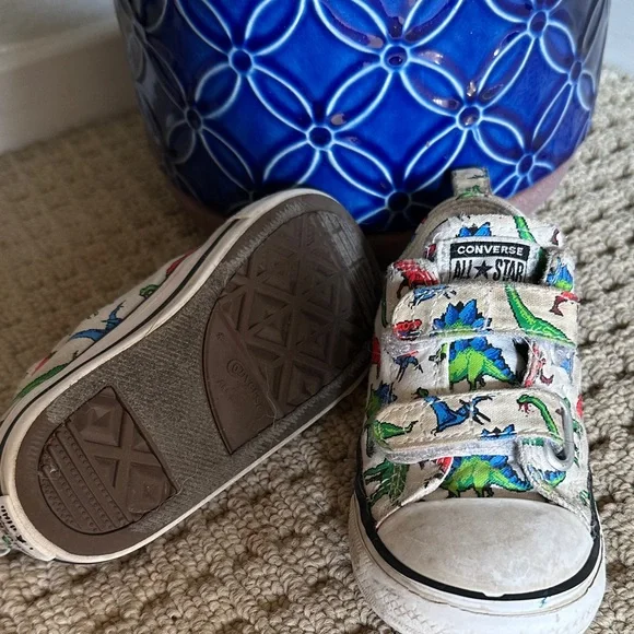Converse Kids White Sneakers with Blue & Green Dino Print