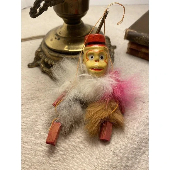 Antique Celluloid Monkey toy Hanging Bouncy Spring Feathers