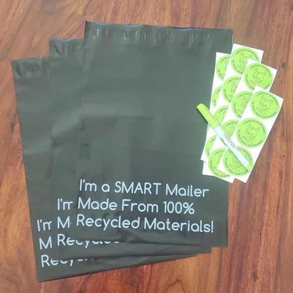Recycled Polymailer Shipping Bundle | Eco Mailers + Green Stickers • 50 Pieces