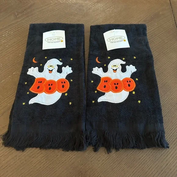 Home For The Holidays Halloween Ghost Boo Hand Towels Black Fringe Set of 2 NEW