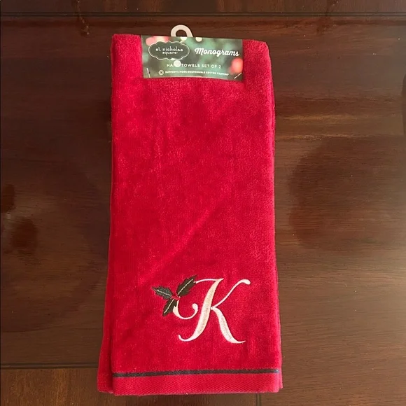 Red Monogrammed Hand Towel Set, Letter ‘K’ with Holly Accent, New with Tags