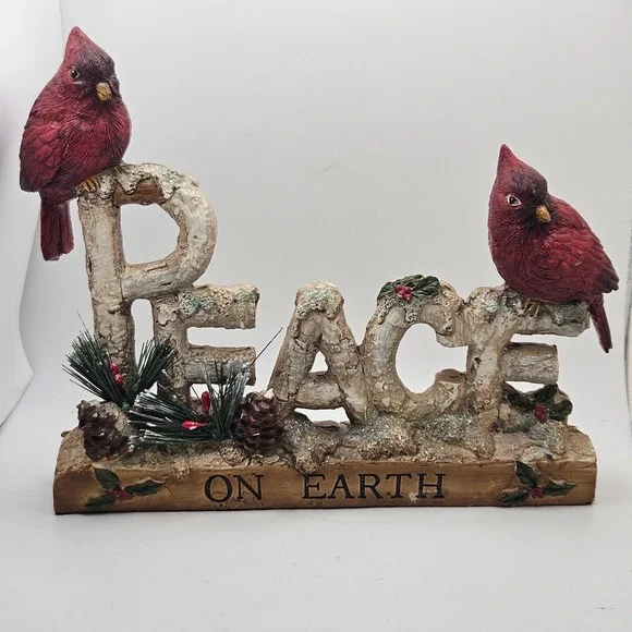Rustic Peace On Earth Cardinal Christmas Table Decor Figurine Woodland Bird
