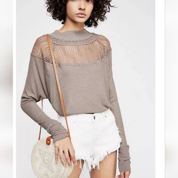FREE PEOPLE SpringValley Waffle Knit Lace Boho LongSleeve Top.Taupe Gray. SM
