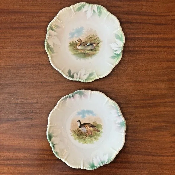 Vintage Silesien Game Bird Plate Mint Green Luster Pink Flowers