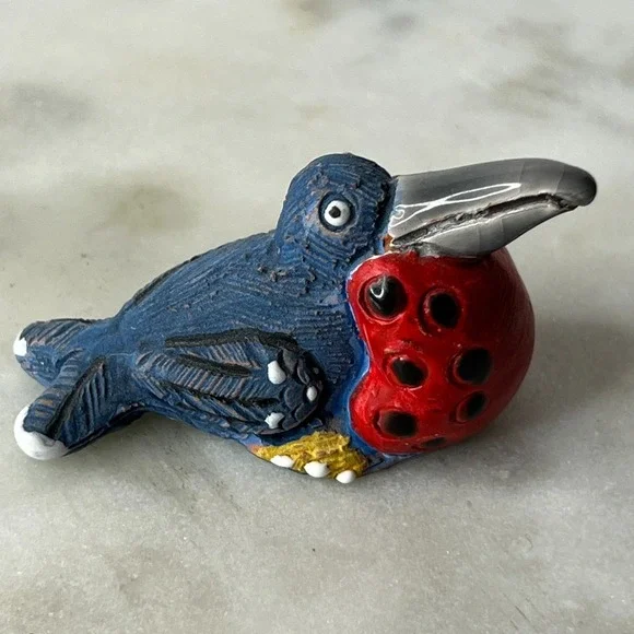 Handmade Clay Bird Figurine HL‎ Marked Toucan Style Red Blue Folk Art Pottery 2