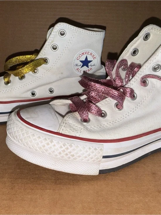 Converse White High Top Sneakers with Pink & Gold Laces